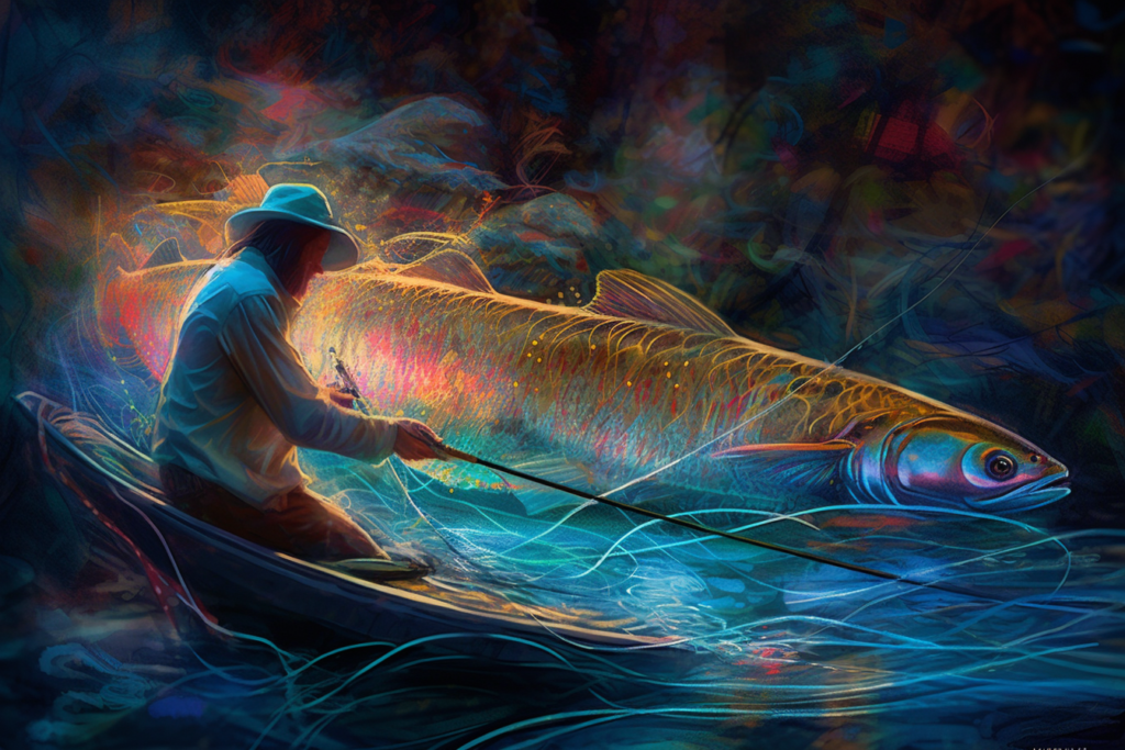 Futuristinen ja mystinen taideteos, jossa kalastaja pyydystää suurta kalaa. Toimistotaidetta yrityksille.