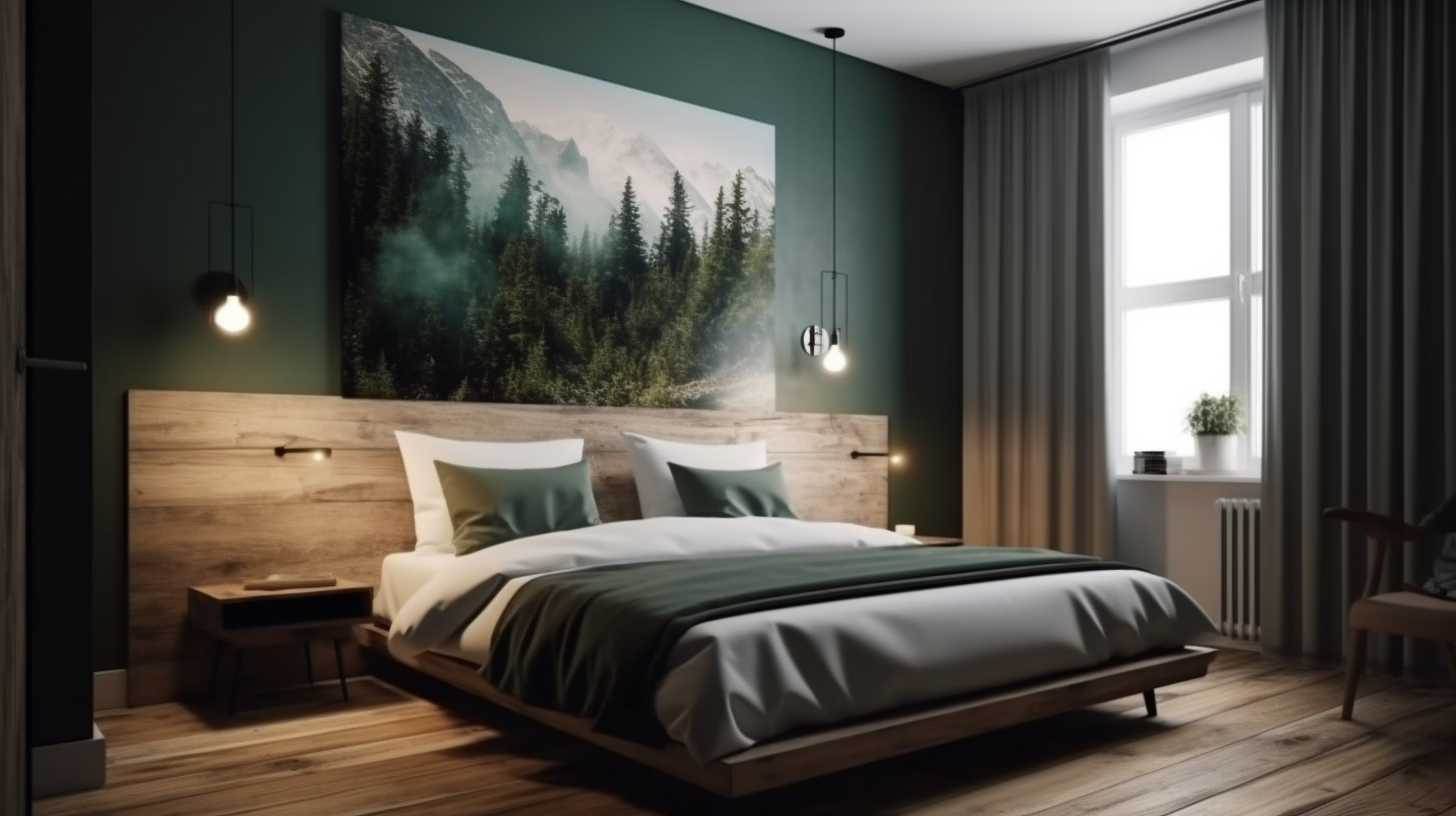 Pohjoismainen hotellihuone, jonka seinällä on metsää kuvaava suuri taulu. Taidetta hotelleille