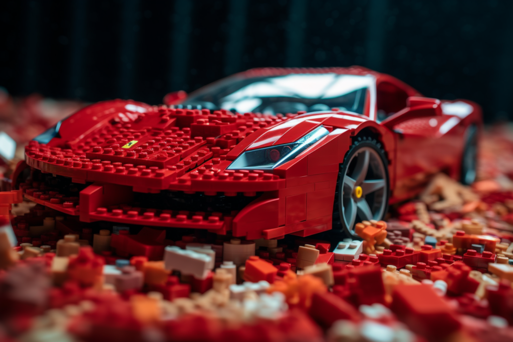 Ferrari, jonka keula on tehty legoista. Uniikkitaideteos autoihmisille tai yrityslahjaksi.