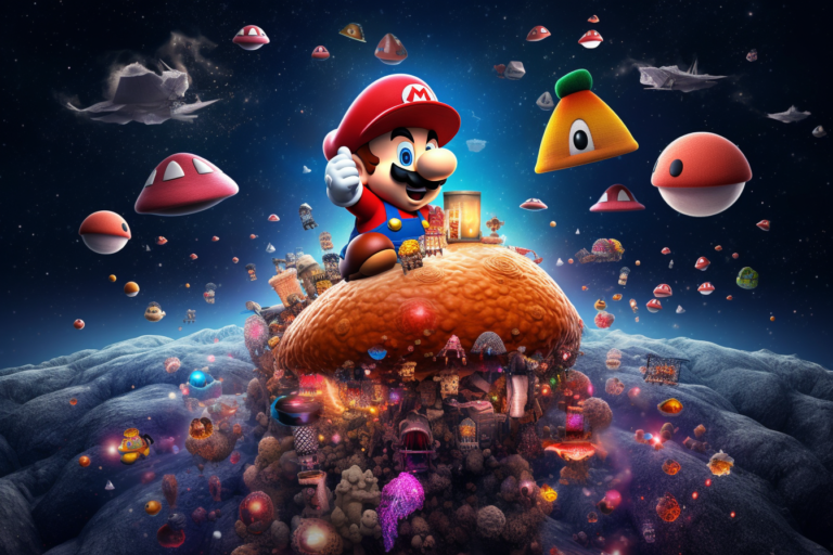 Hauska ainutlaatuinen taideteos toimistoon, jossa Mario lentää avaruudessa muffinsin päällä