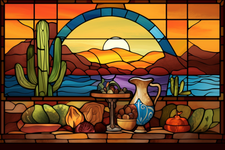 Uniikki värikäs ja meksikolaisia muotoja sekä ruokia kuvaava taulu ravintolalle.