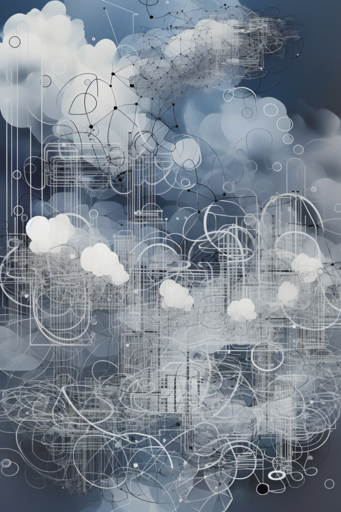 Sininen pilvipalveluista ja teknologiaa yhdistävä taideteos yrityksen liiketiloihin