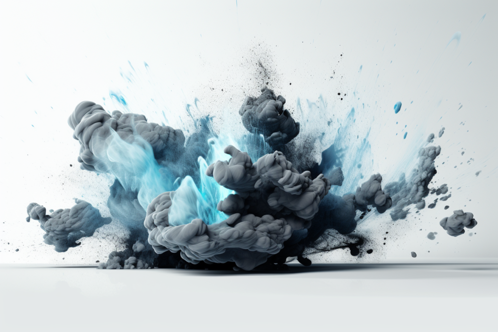 Sähköinen taiteellinen sini-harmaa-musta räjähys. Uniikki taideteos suunnattu IT-yrityksille