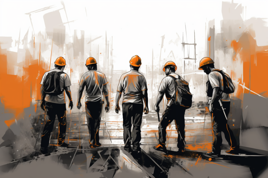 Viisi rakennusmiestä katsoo kohti työmaata harmaa-oransissa taiteellisessa kuvassa. Tadetta rakennusyrityksen toimistoon