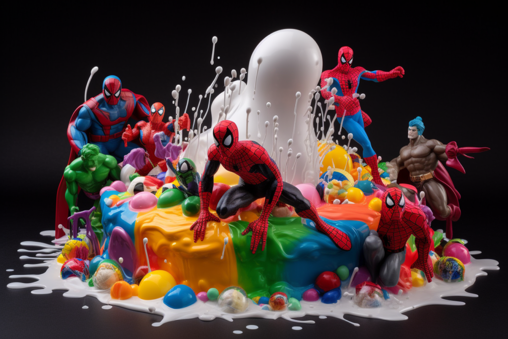 Tunnettuja hahmoja värikkäässä kuvituskuvassa kakun päällä. Taideteos leikki- ja harrastetiloihin.
